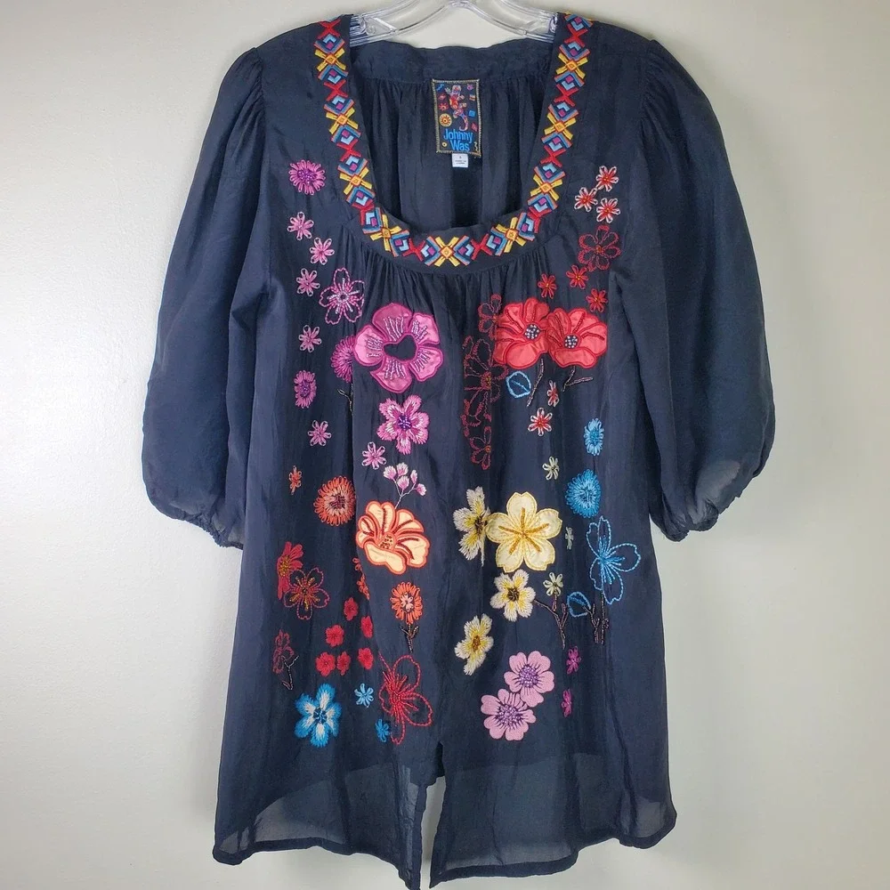 Johnny Was Ennoki Black Embroidered Square Neck Flowy Short Sleeve Small Beaded